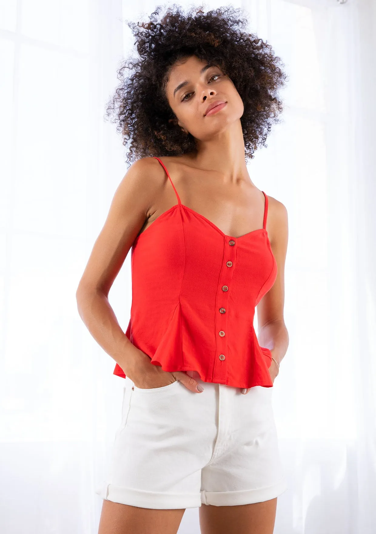 Linen Blend Peplum Spaghetti Strap Tank