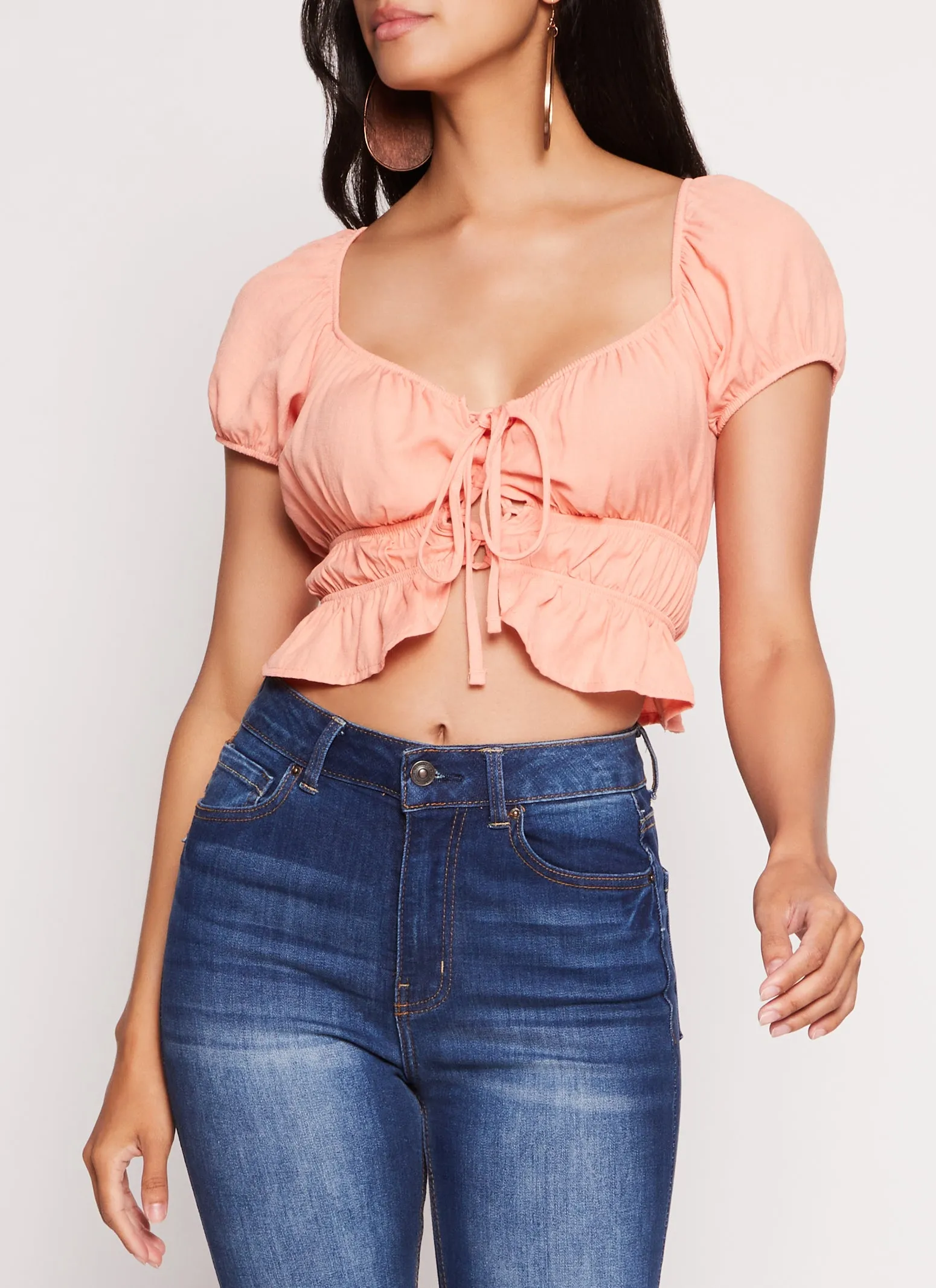 Linen Tie Front Peasant Top