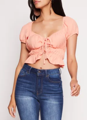 Linen Tie Front Peasant Top