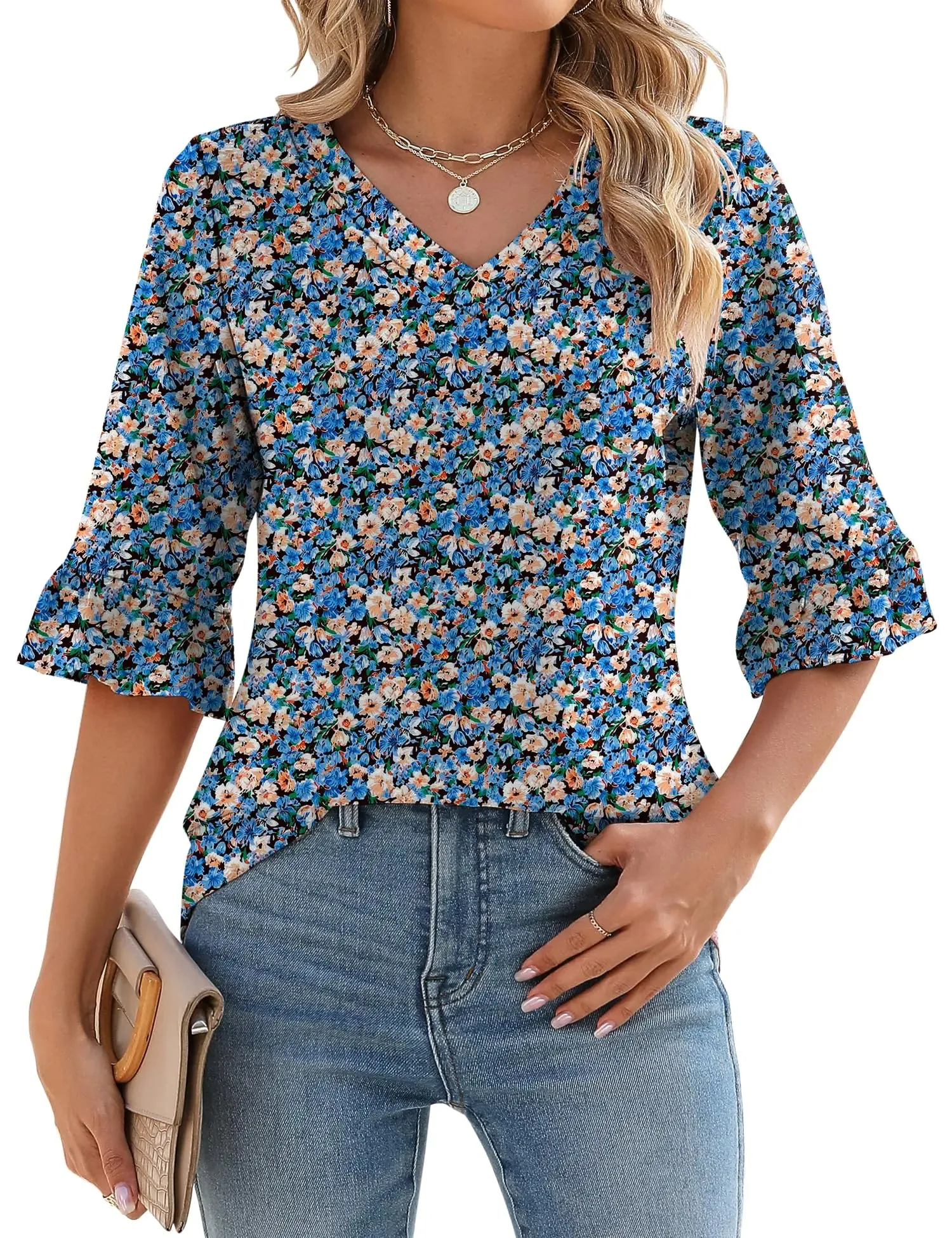 LOMON 3/4 Length Sleeve Womens Tops Summer Loose V-Neck Eyelet T-Shirts Dressy Casual Ruffle Sleeve Tunic Blouses Floral 15 XX-Large