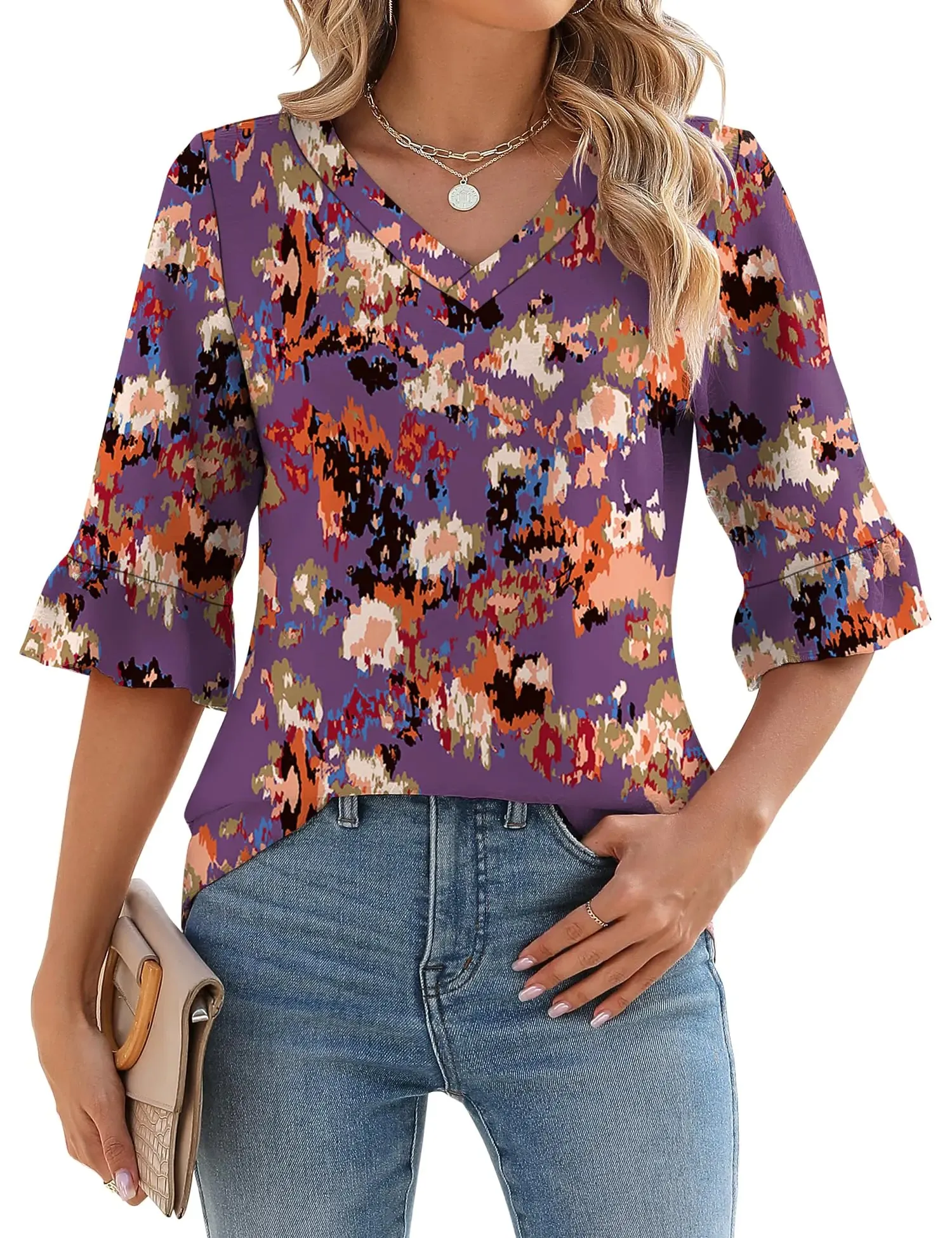 LOMON 3/4 Length Sleeve Womens Tops Summer Loose V-Neck Eyelet T-Shirts Dressy Casual Ruffle Sleeve Tunic Blouses Floral 15 XX-Large