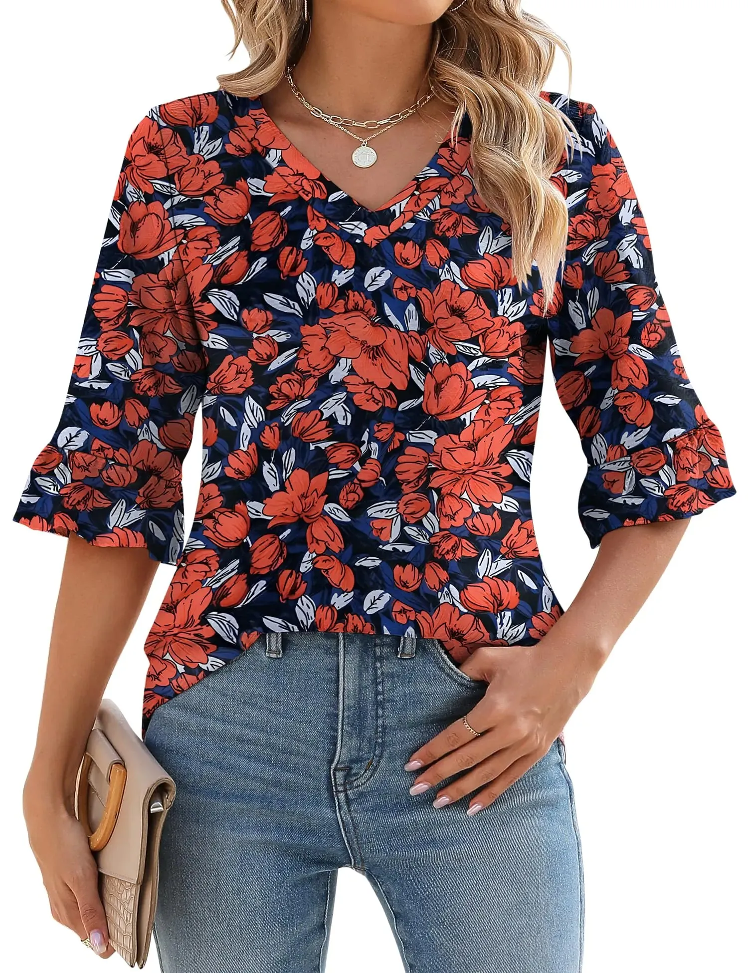 LOMON 3/4 Length Sleeve Womens Tops Summer Loose V-Neck Eyelet T-Shirts Dressy Casual Ruffle Sleeve Tunic Blouses Floral 15 XX-Large