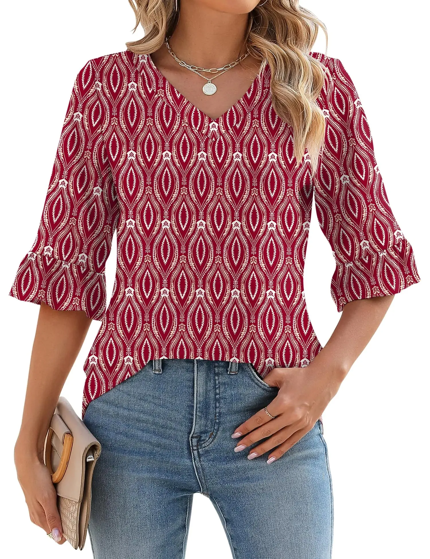 LOMON 3/4 Length Sleeve Womens Tops Summer Loose V-Neck Eyelet T-Shirts Dressy Casual Ruffle Sleeve Tunic Blouses Floral 15 XX-Large