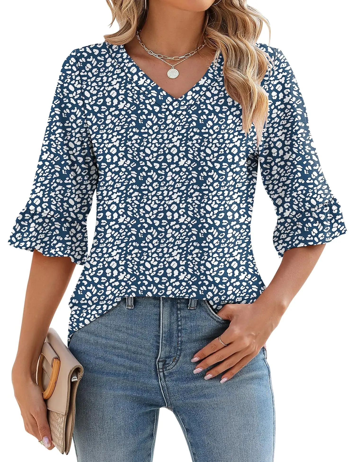 LOMON 3/4 Length Sleeve Womens Tops Summer Loose V-Neck Eyelet T-Shirts Dressy Casual Ruffle Sleeve Tunic Blouses Floral 15 XX-Large