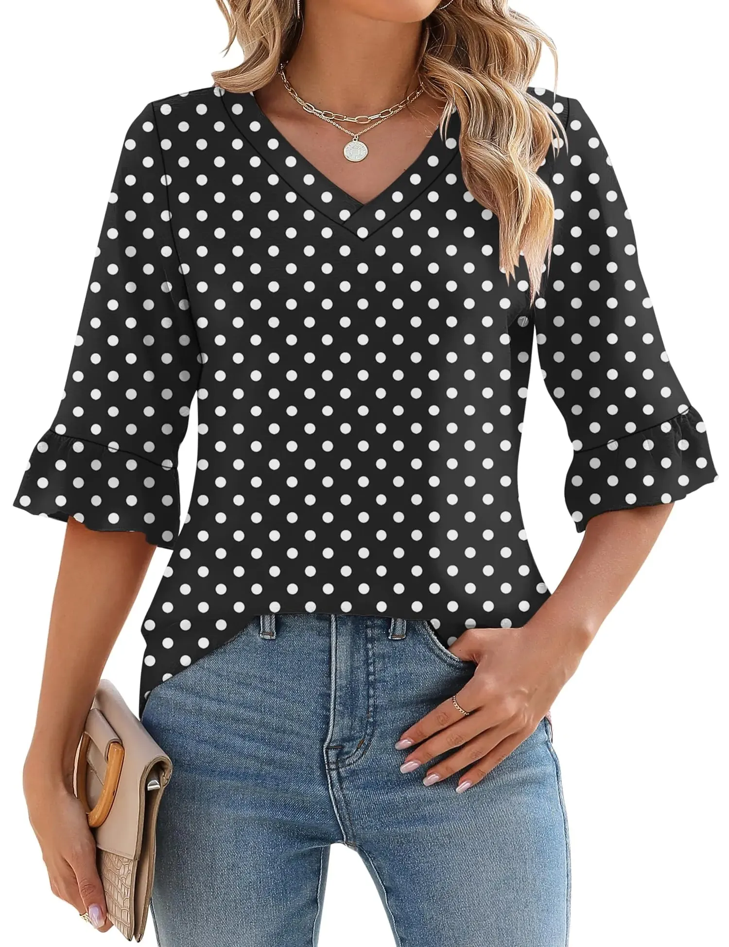 LOMON 3/4 Length Sleeve Womens Tops Summer Loose V-Neck Eyelet T-Shirts Dressy Casual Ruffle Sleeve Tunic Blouses Floral 15 XX-Large