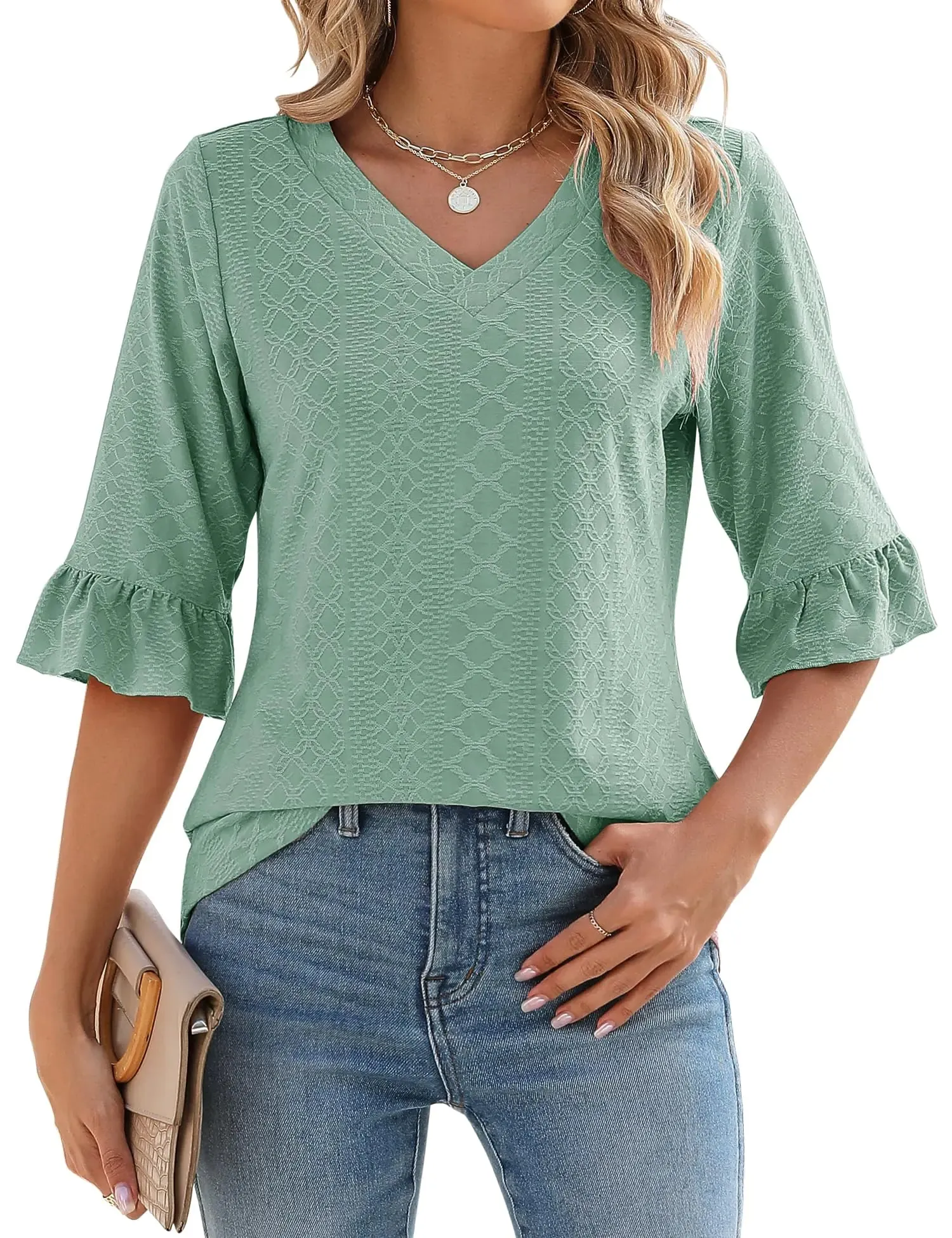 LOMON 3/4 Length Sleeve Womens Tops Summer Loose V-Neck Eyelet T-Shirts Dressy Casual Ruffle Sleeve Tunic Blouses Floral 15 XX-Large