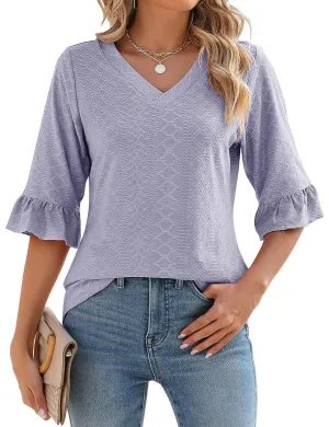 LOMON 3/4 Length Sleeve Womens Tops Summer Loose V-Neck Eyelet T-Shirts Dressy Casual Ruffle Sleeve Tunic Blouses Floral 15 XX-Large