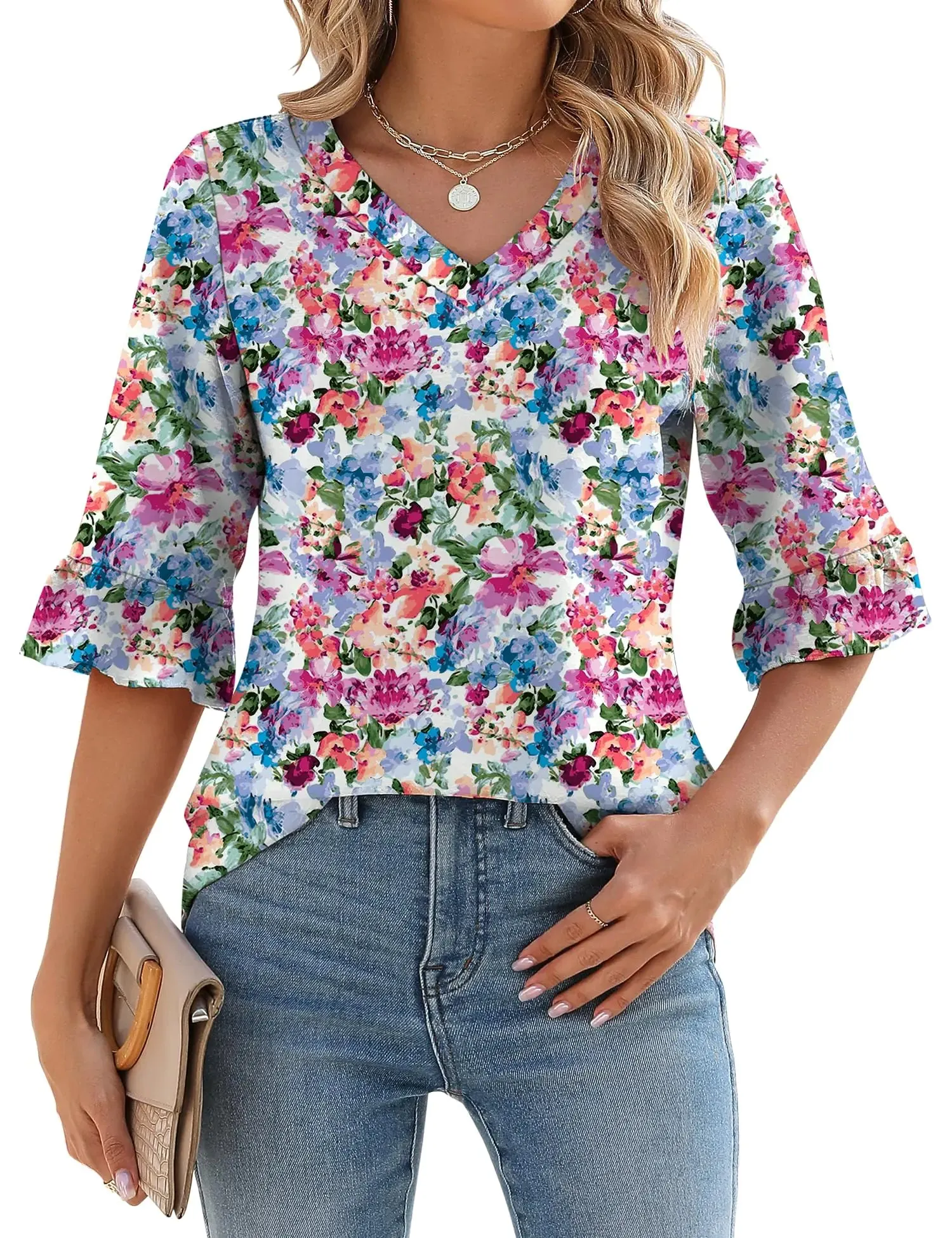 LOMON 3/4 Length Sleeve Womens Tops Summer Loose V-Neck Eyelet T-Shirts Dressy Casual Ruffle Sleeve Tunic Blouses Floral 15 XX-Large