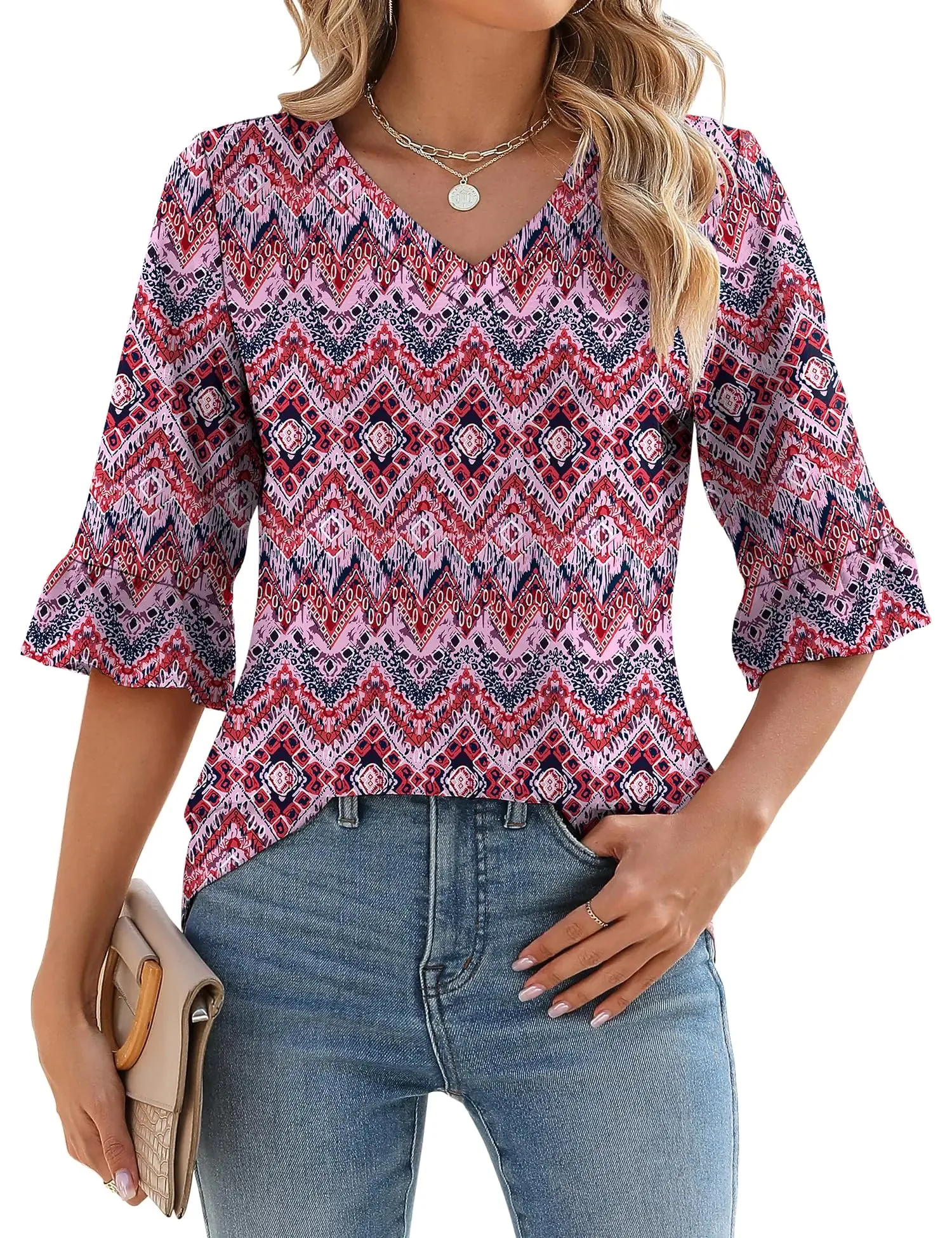 LOMON 3/4 Length Sleeve Womens Tops Summer Loose V-Neck Eyelet T-Shirts Dressy Casual Ruffle Sleeve Tunic Blouses Floral 15 XX-Large