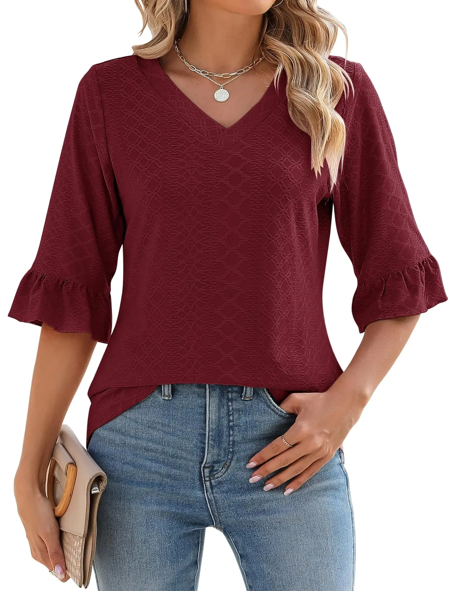LOMON 3/4 Length Sleeve Womens Tops Summer Loose V-Neck Eyelet T-Shirts Dressy Casual Ruffle Sleeve Tunic Blouses Floral 15 XX-Large