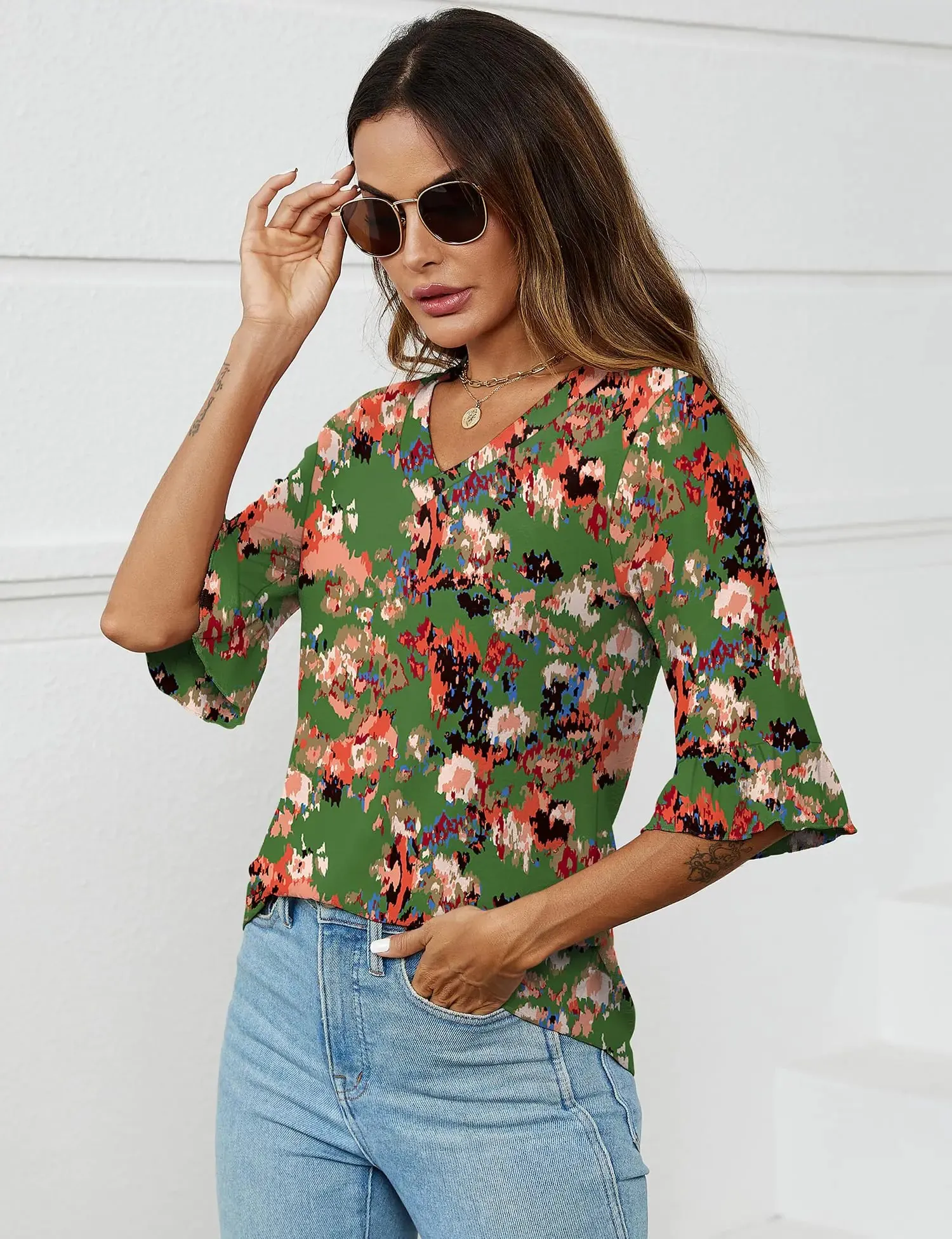 LOMON 3/4 Length Sleeve Womens Tops Summer Loose V-Neck Eyelet T-Shirts Dressy Casual Ruffle Sleeve Tunic Blouses Floral 15 XX-Large