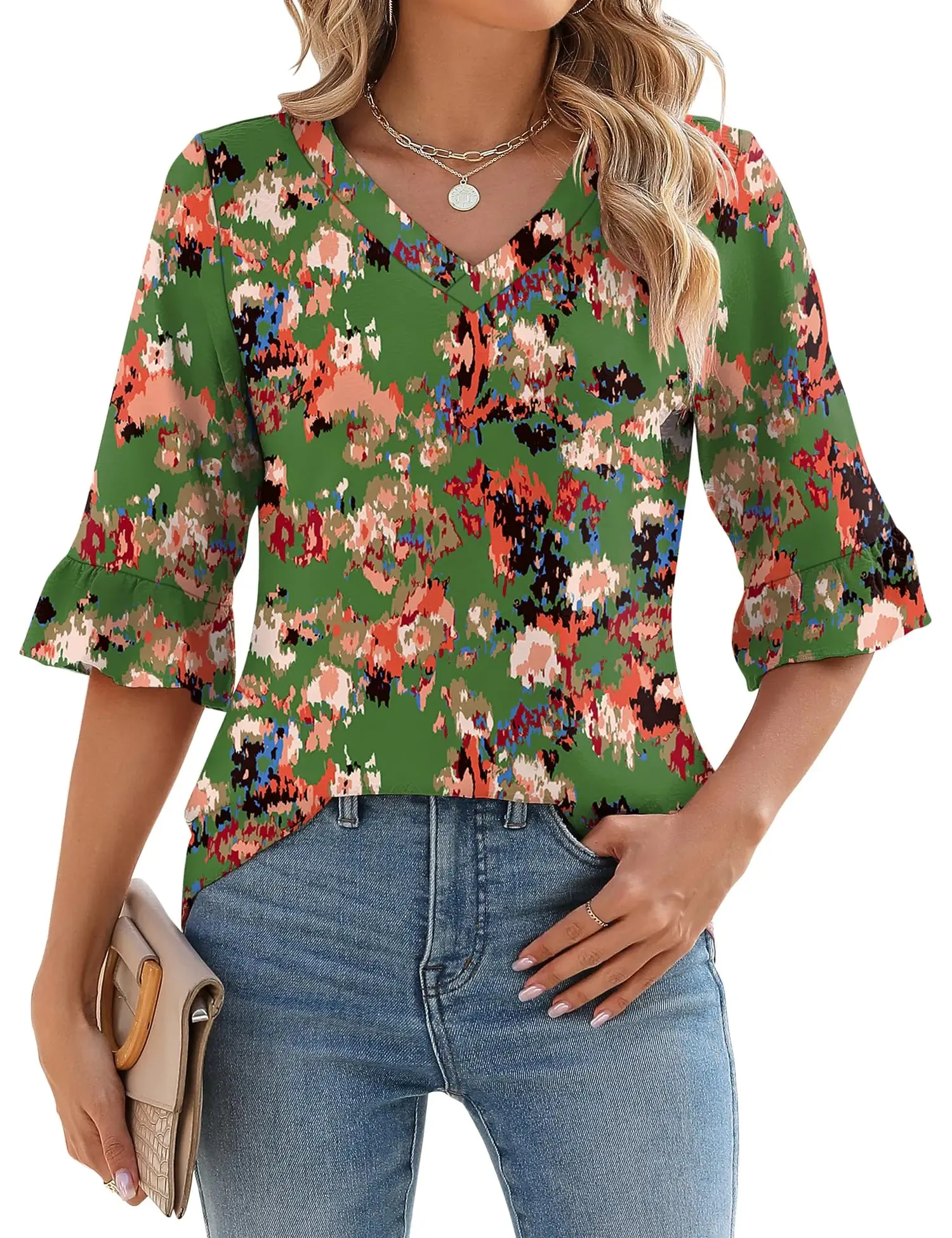 LOMON 3/4 Length Sleeve Womens Tops Summer Loose V-Neck Eyelet T-Shirts Dressy Casual Ruffle Sleeve Tunic Blouses Floral 15 XX-Large