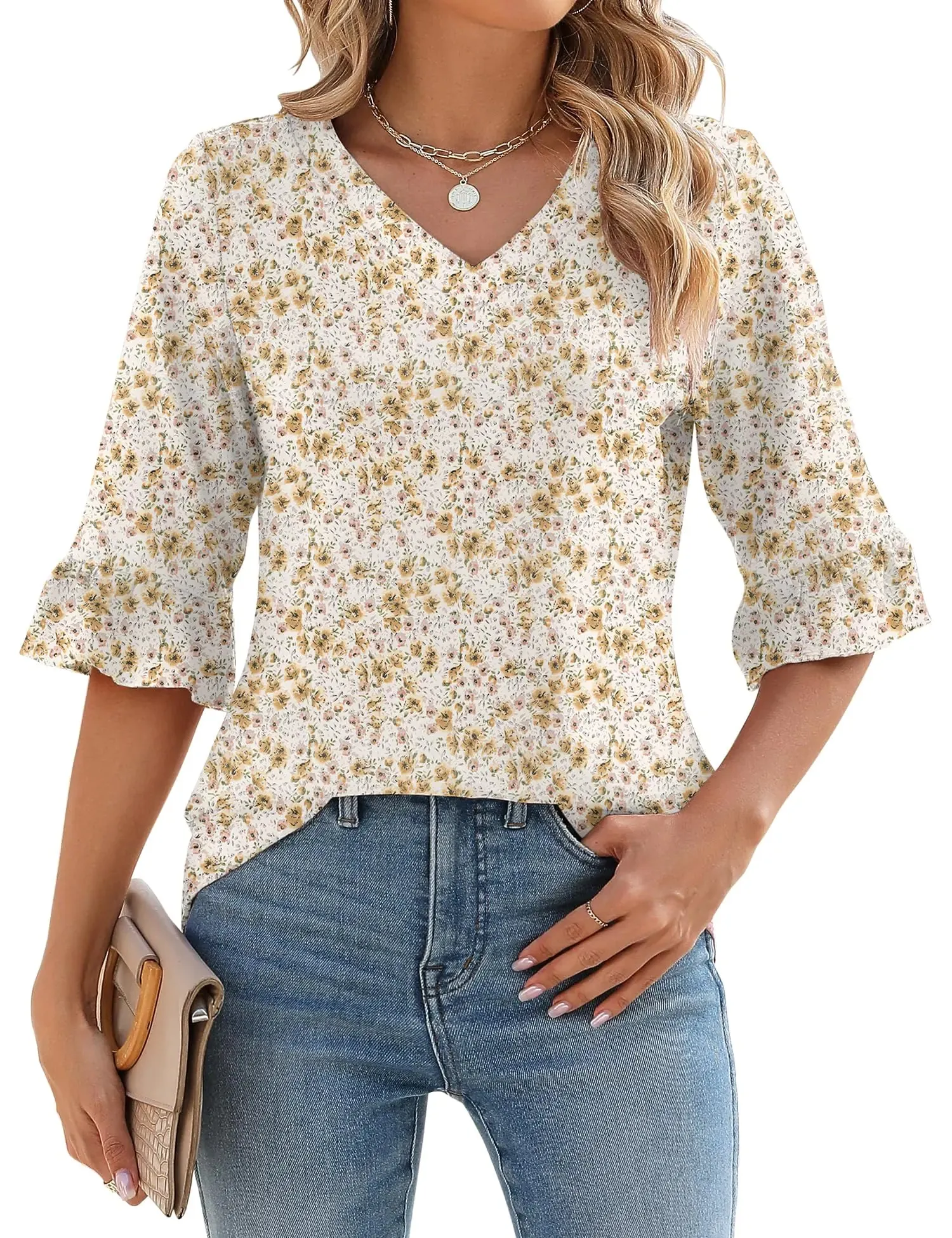 LOMON 3/4 Length Sleeve Womens Tops Summer Loose V-Neck Eyelet T-Shirts Dressy Casual Ruffle Sleeve Tunic Blouses Floral 15 XX-Large
