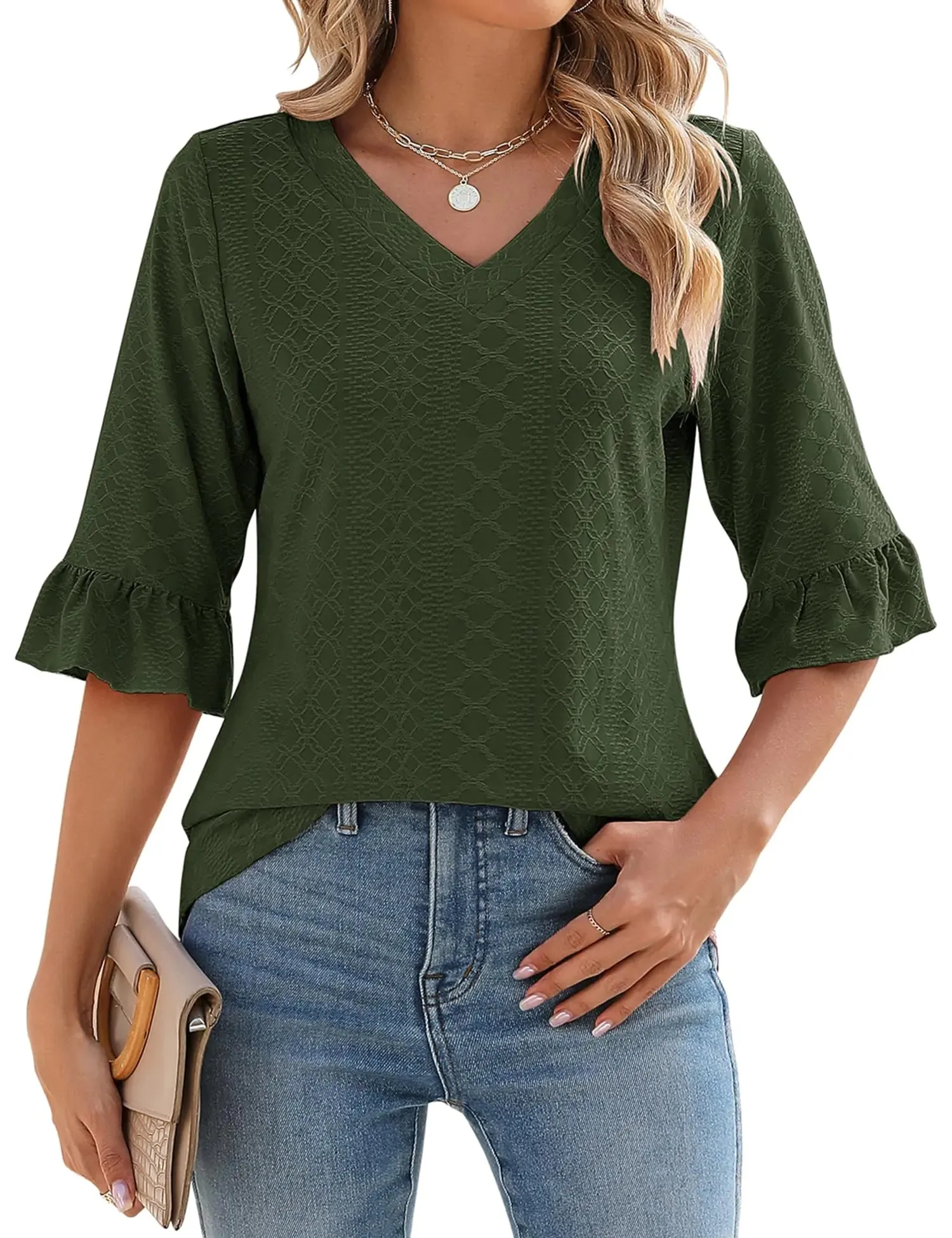 LOMON 3/4 Length Sleeve Womens Tops Summer Loose V-Neck Eyelet T-Shirts Dressy Casual Ruffle Sleeve Tunic Blouses Floral 15 XX-Large