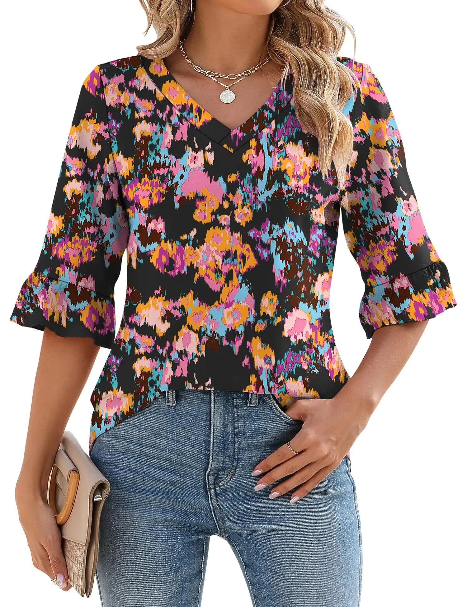 LOMON 3/4 Length Sleeve Womens Tops Summer Loose V-Neck Eyelet T-Shirts Dressy Casual Ruffle Sleeve Tunic Blouses Floral 15 XX-Large
