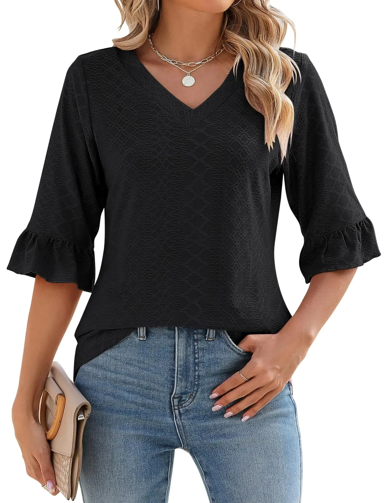 LOMON 3/4 Length Sleeve Womens Tops Summer Loose V-Neck Eyelet T-Shirts Dressy Casual Ruffle Sleeve Tunic Blouses Floral 15 XX-Large