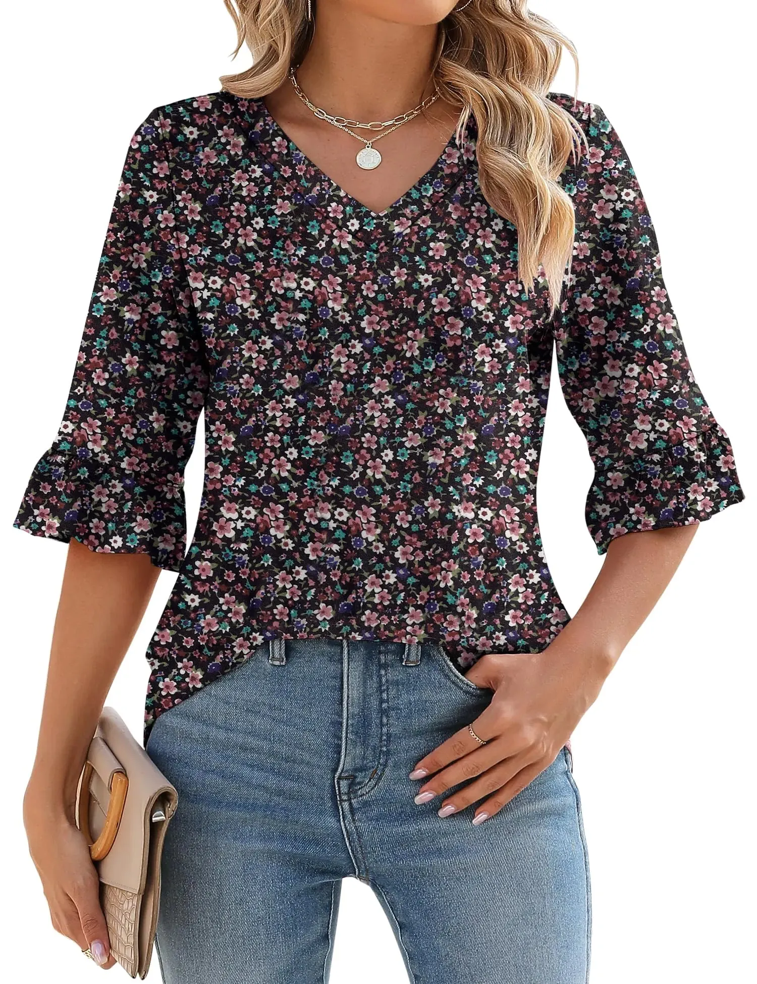 LOMON 3/4 Length Sleeve Womens Tops Summer Loose V-Neck Eyelet T-Shirts Dressy Casual Ruffle Sleeve Tunic Blouses Floral 15 XX-Large
