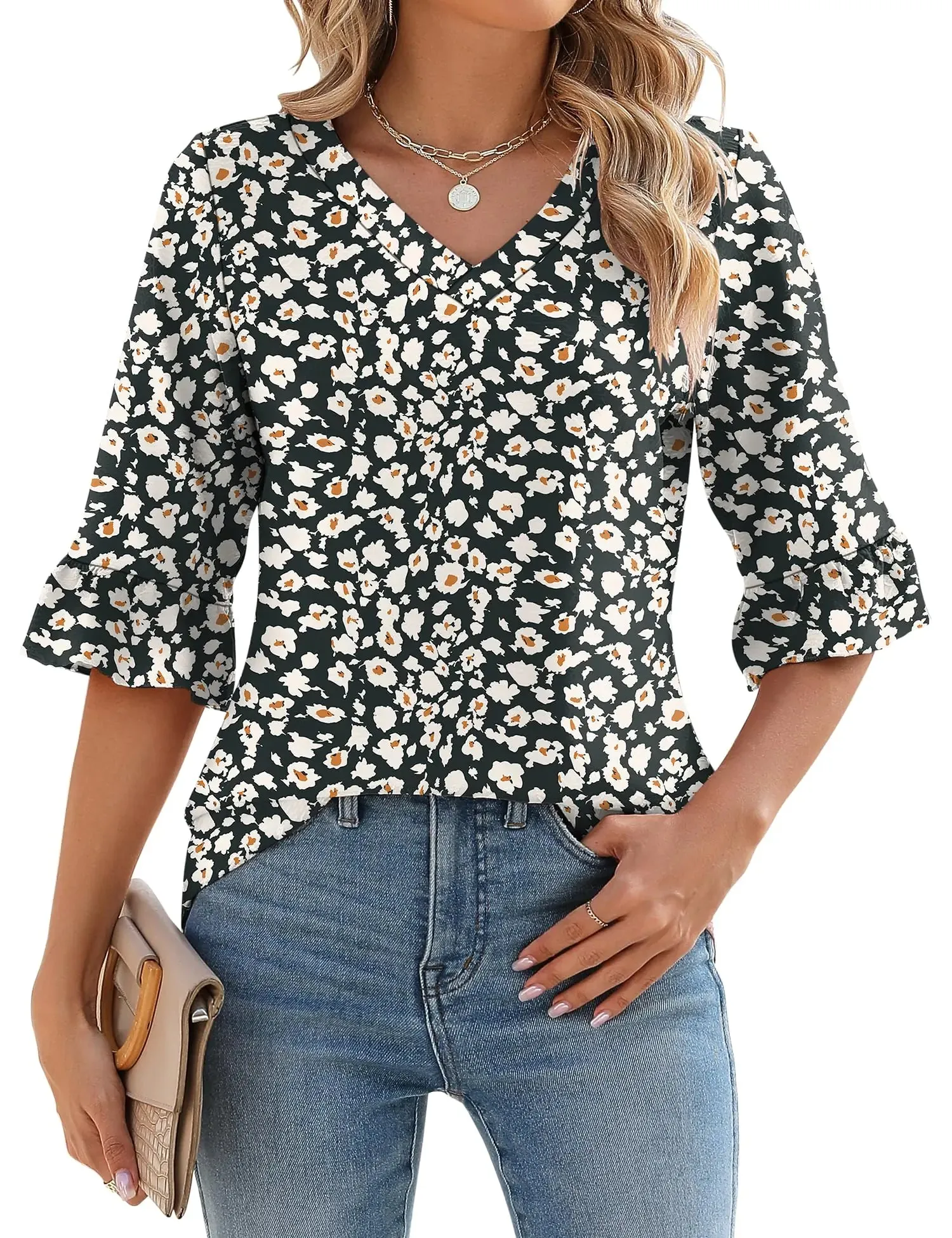 LOMON 3/4 Length Sleeve Womens Tops Summer Loose V-Neck Eyelet T-Shirts Dressy Casual Ruffle Sleeve Tunic Blouses Floral 15 XX-Large