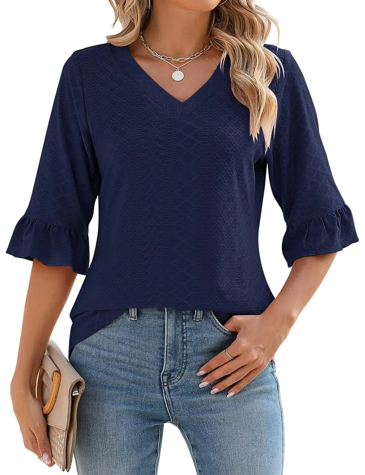 LOMON 3/4 Length Sleeve Womens Tops Summer Loose V-Neck Eyelet T-Shirts Dressy Casual Ruffle Sleeve Tunic Blouses Floral 15 XX-Large