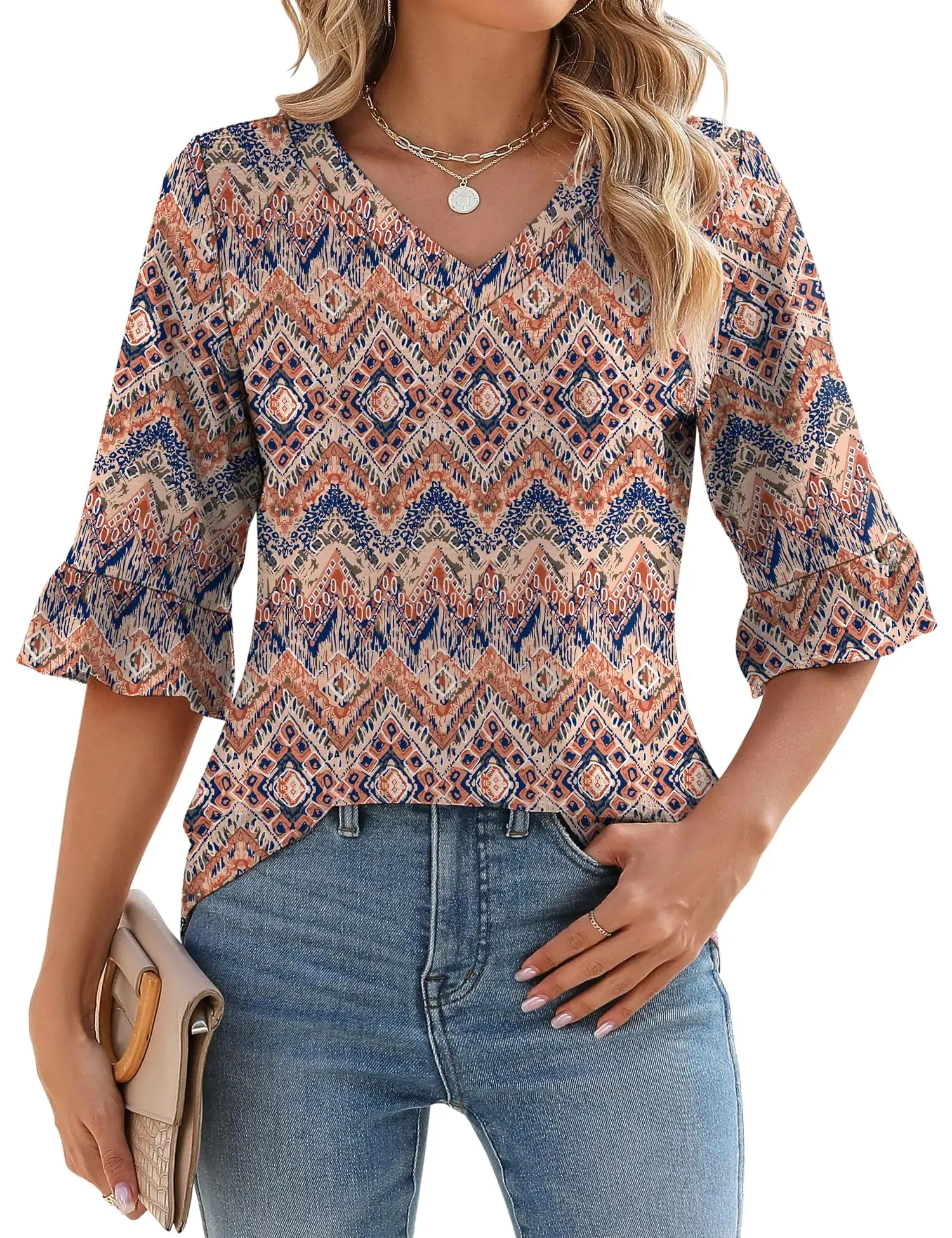 LOMON 3/4 Length Sleeve Womens Tops Summer Loose V-Neck Eyelet T-Shirts Dressy Casual Ruffle Sleeve Tunic Blouses Floral 15 XX-Large