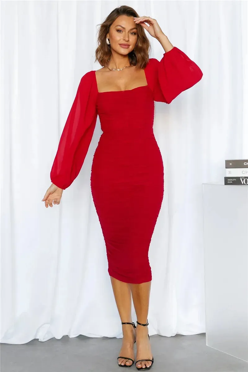 Long Sleeve Backless Midi Dress