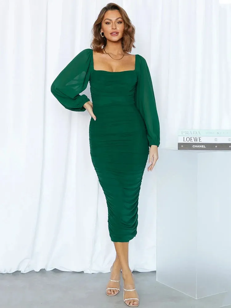 Long Sleeve Backless Midi Dress