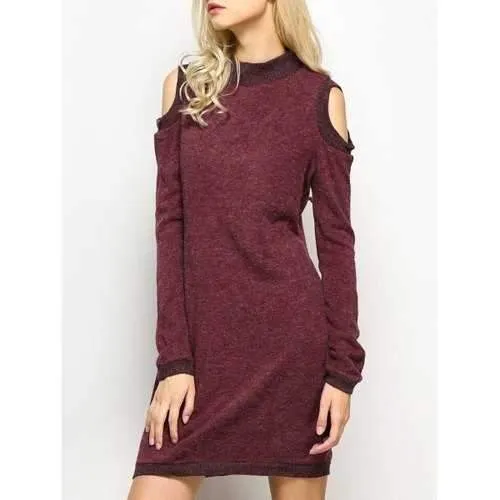 Long Sleeve Cold Shoulder High Neck Bodycon Dress - Claret S