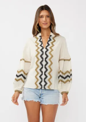 Long Sleeve Cotton Jacquard Split-Neck Blouse