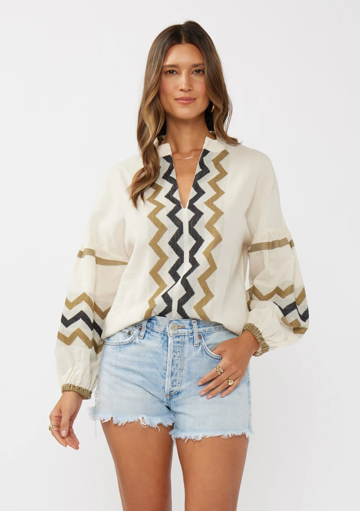 Long Sleeve Cotton Jacquard Split-Neck Blouse