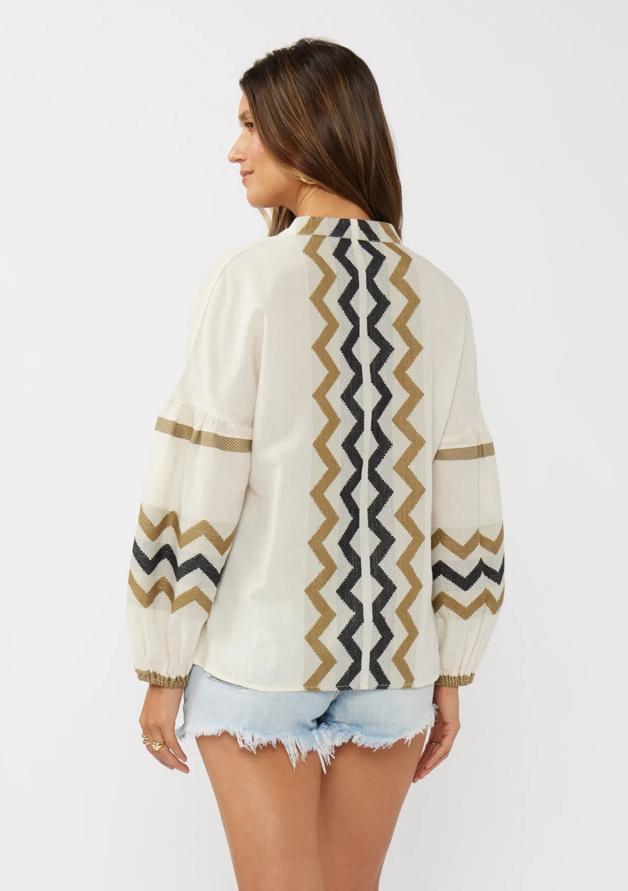 Long Sleeve Cotton Jacquard Split-Neck Blouse