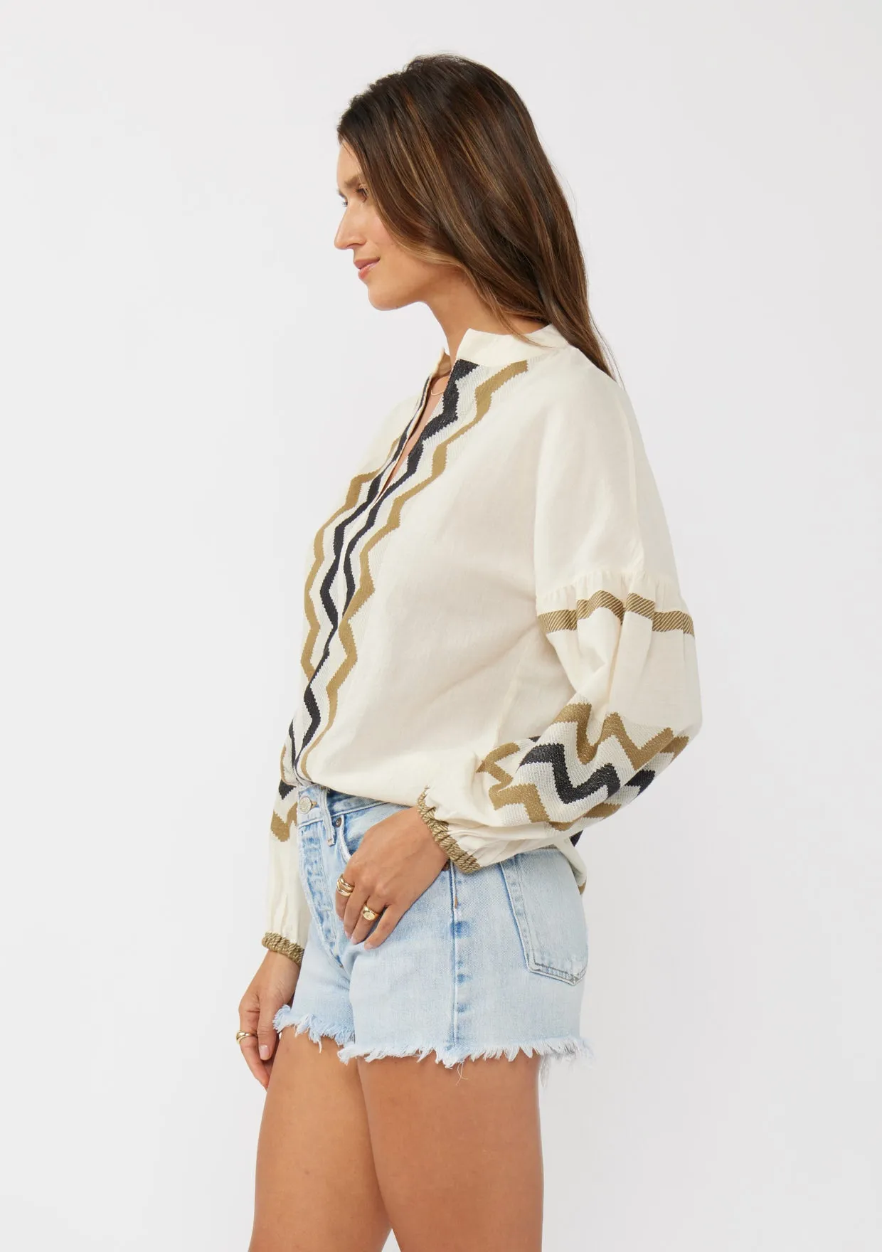 Long Sleeve Cotton Jacquard Split-Neck Blouse