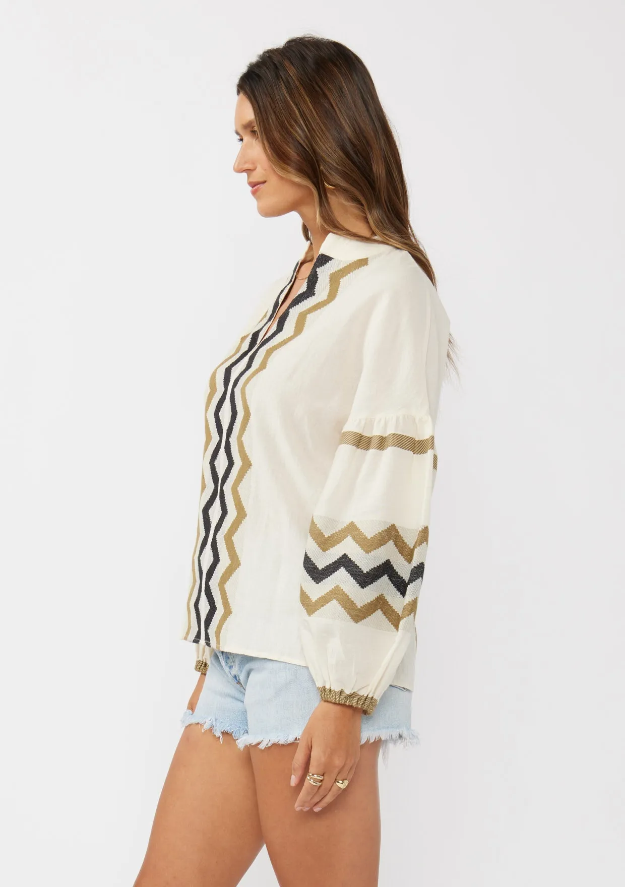 Long Sleeve Cotton Jacquard Split-Neck Blouse