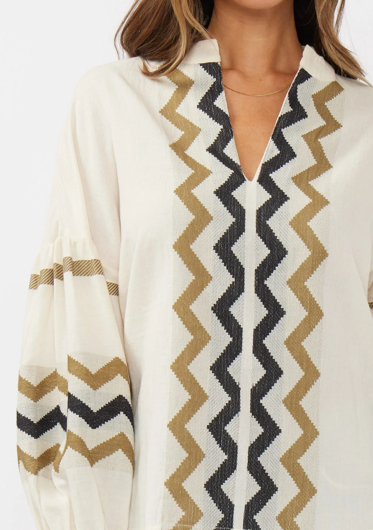 Long Sleeve Cotton Jacquard Split-Neck Blouse