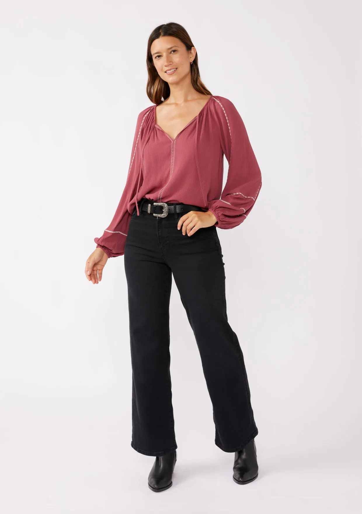 Long Sleeve Embroidered Raglan Blouse
