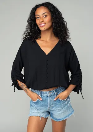 Long Sleeve Ruched Button Down V Neck Top
