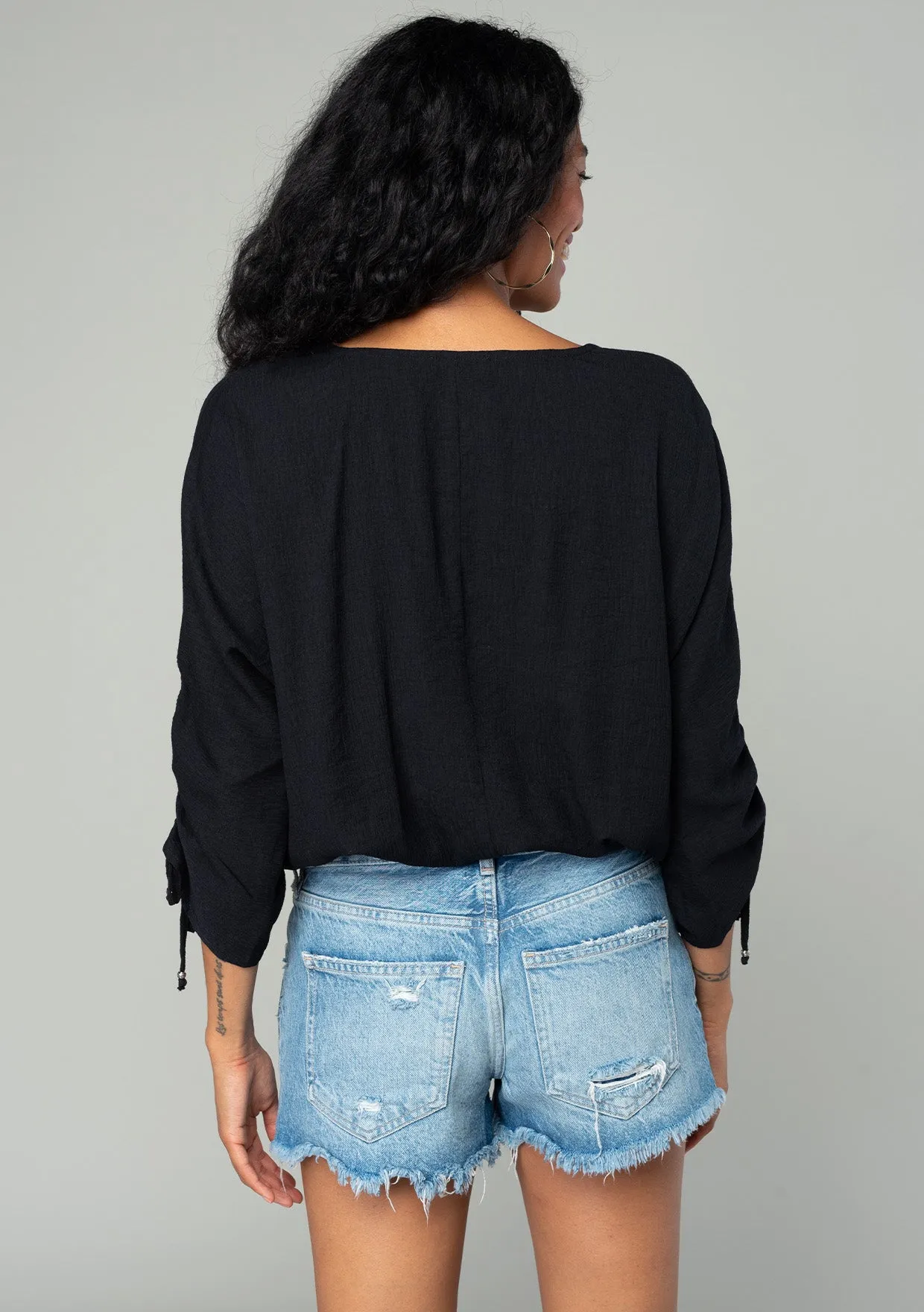 Long Sleeve Ruched Button Down V Neck Top