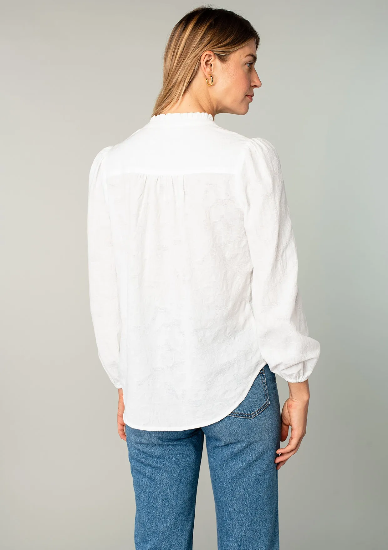 Long Sleeve Ruffle Neck Button Down Blouse