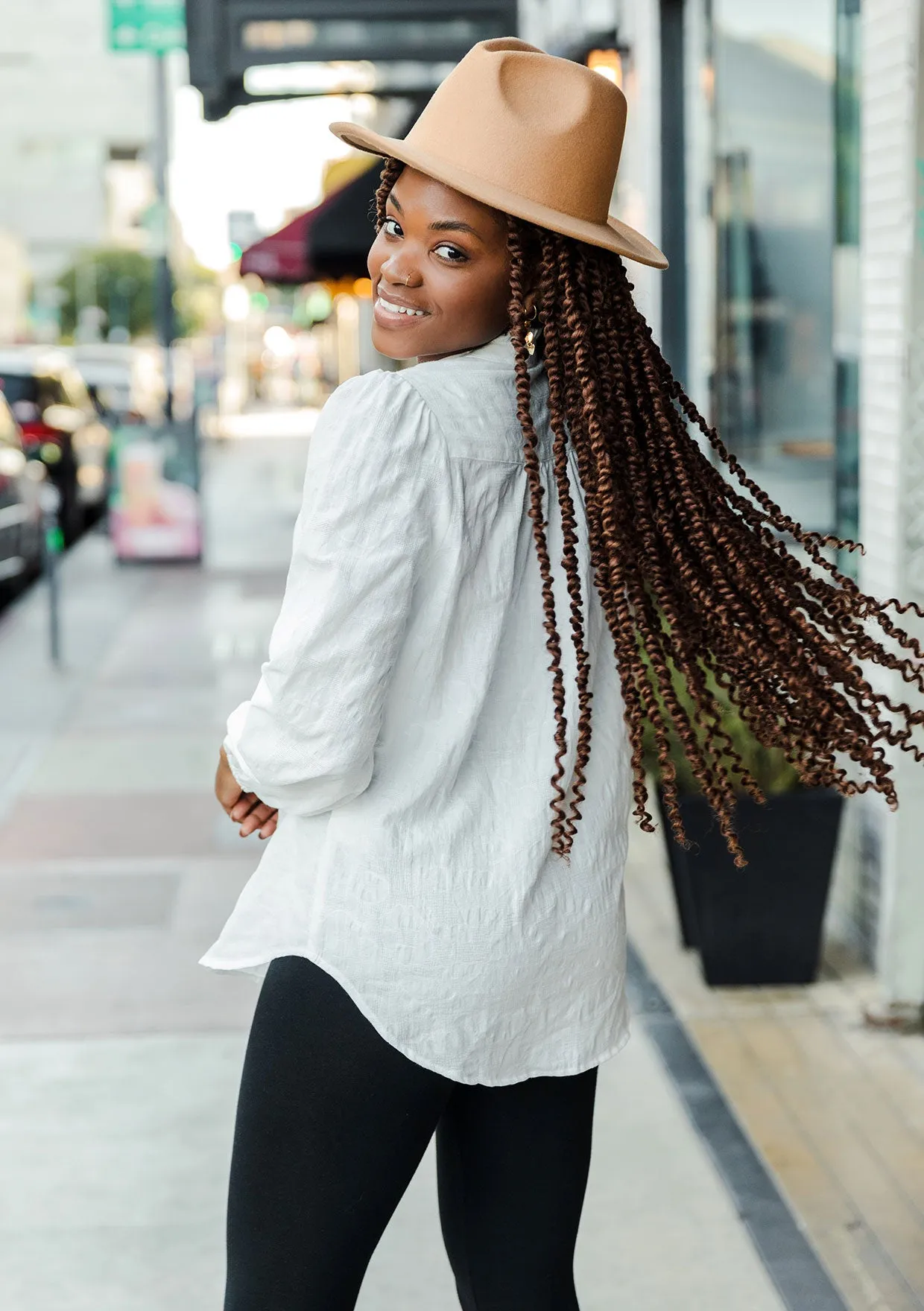 Long Sleeve Ruffle Neck Button Down Blouse