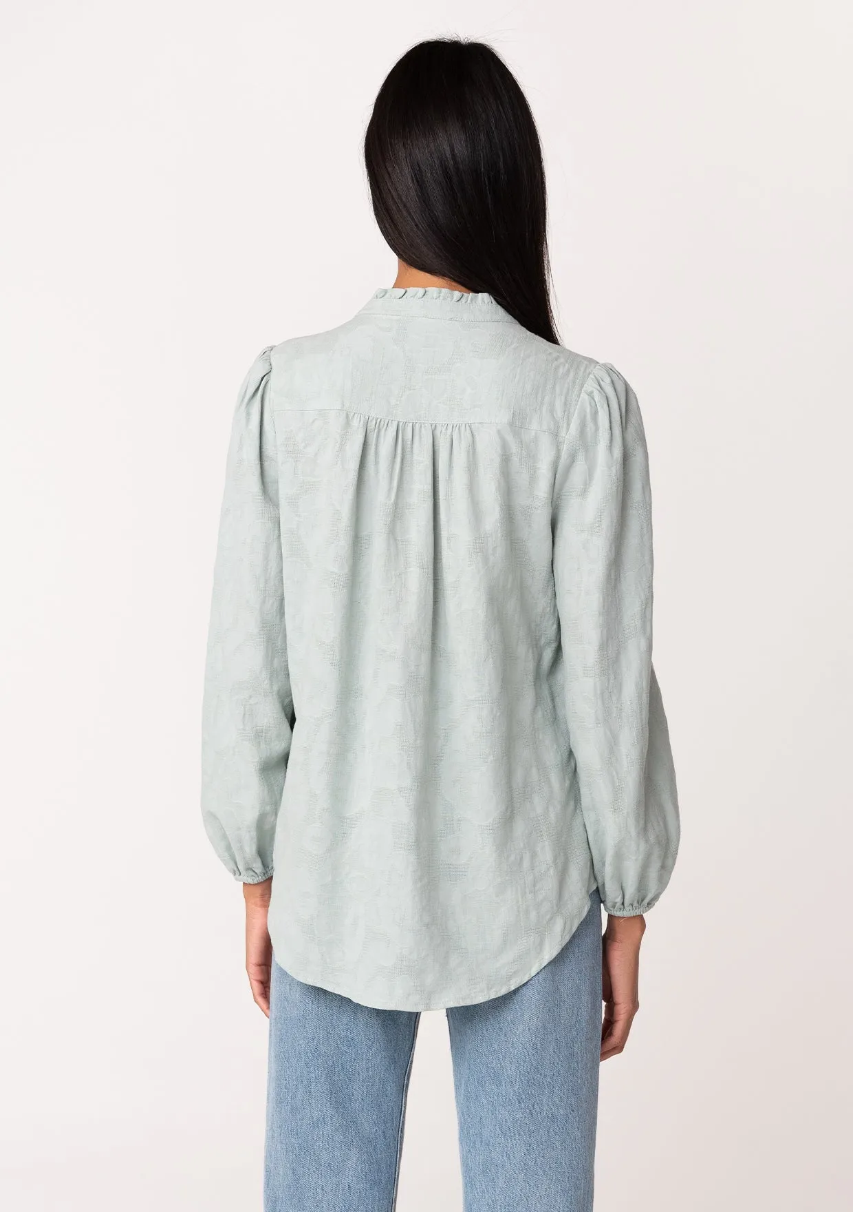 Long Sleeve Ruffle Neck Button Down Blouse