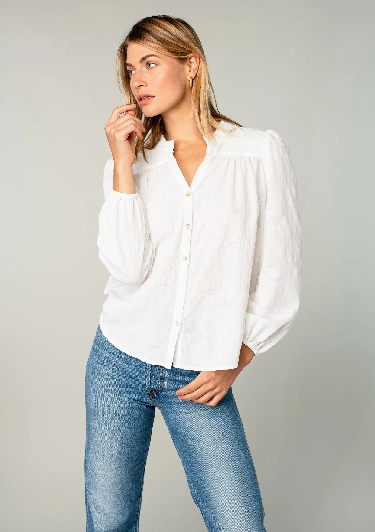Long Sleeve Ruffle Neck Button Down Blouse