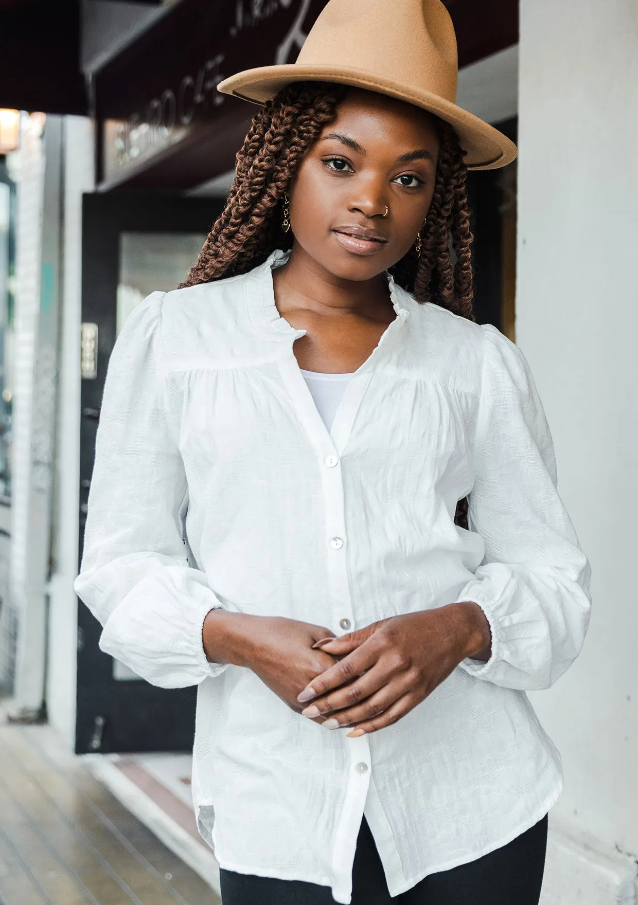 Long Sleeve Ruffle Neck Button Down Blouse