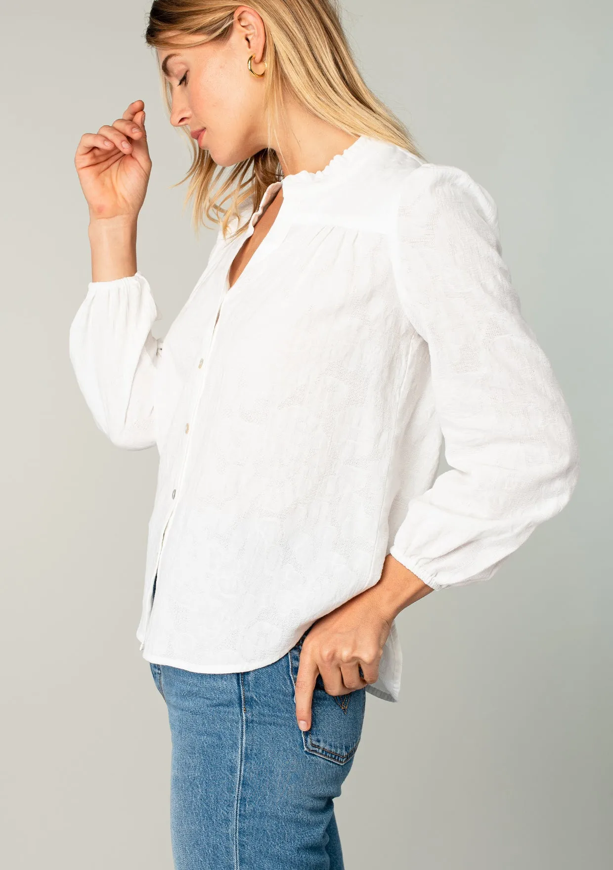 Long Sleeve Ruffle Neck Button Down Blouse