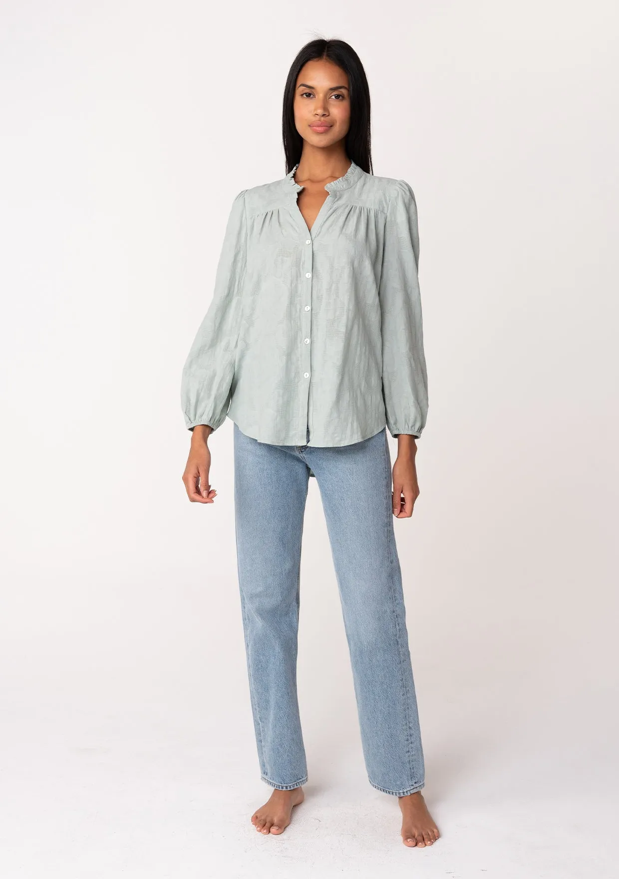 Long Sleeve Ruffle Neck Button Down Blouse