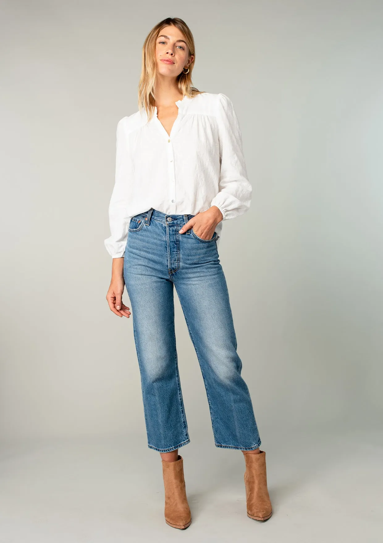 Long Sleeve Ruffle Neck Button Down Blouse