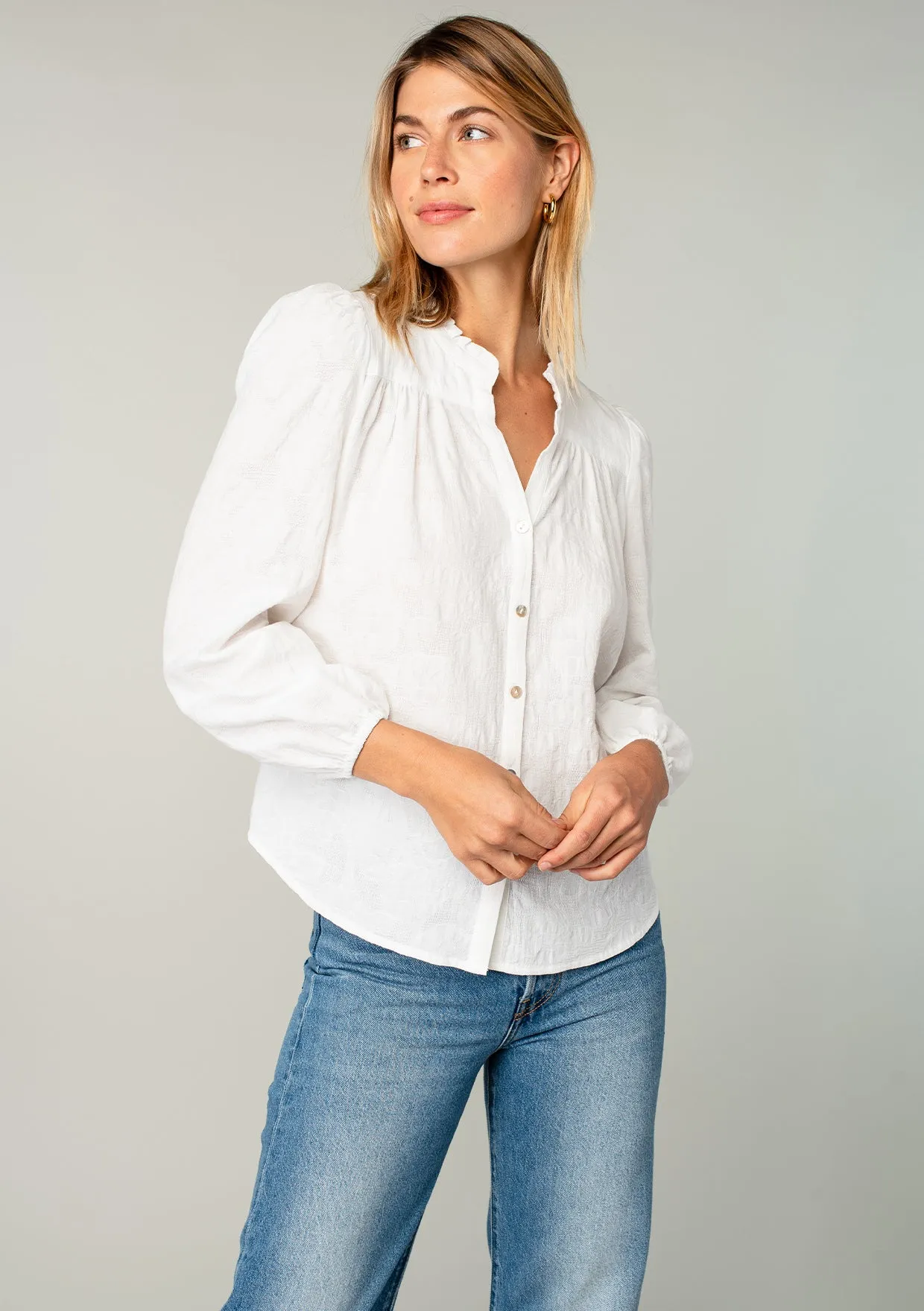 Long Sleeve Ruffle Neck Button Down Blouse