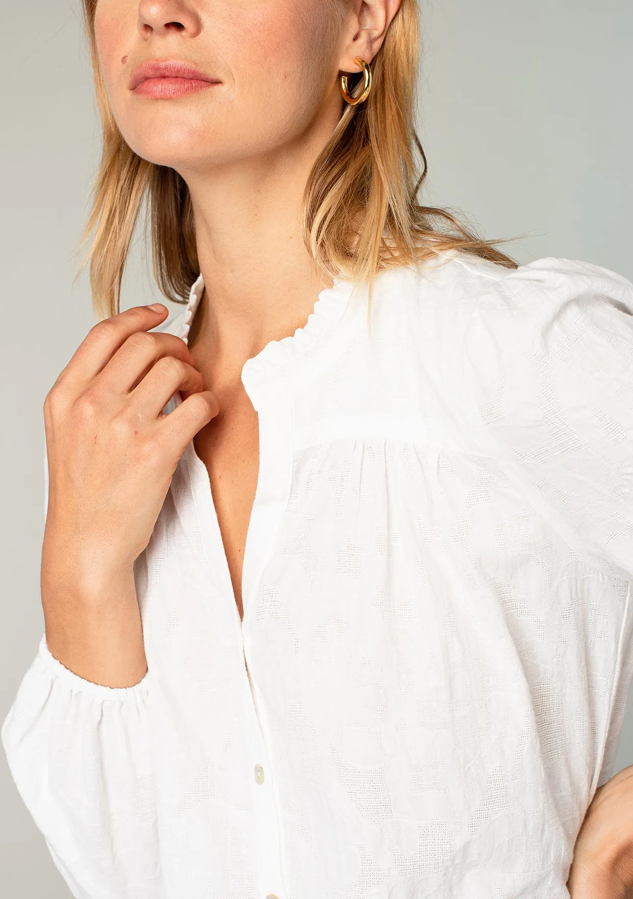 Long Sleeve Ruffle Neck Button Down Blouse