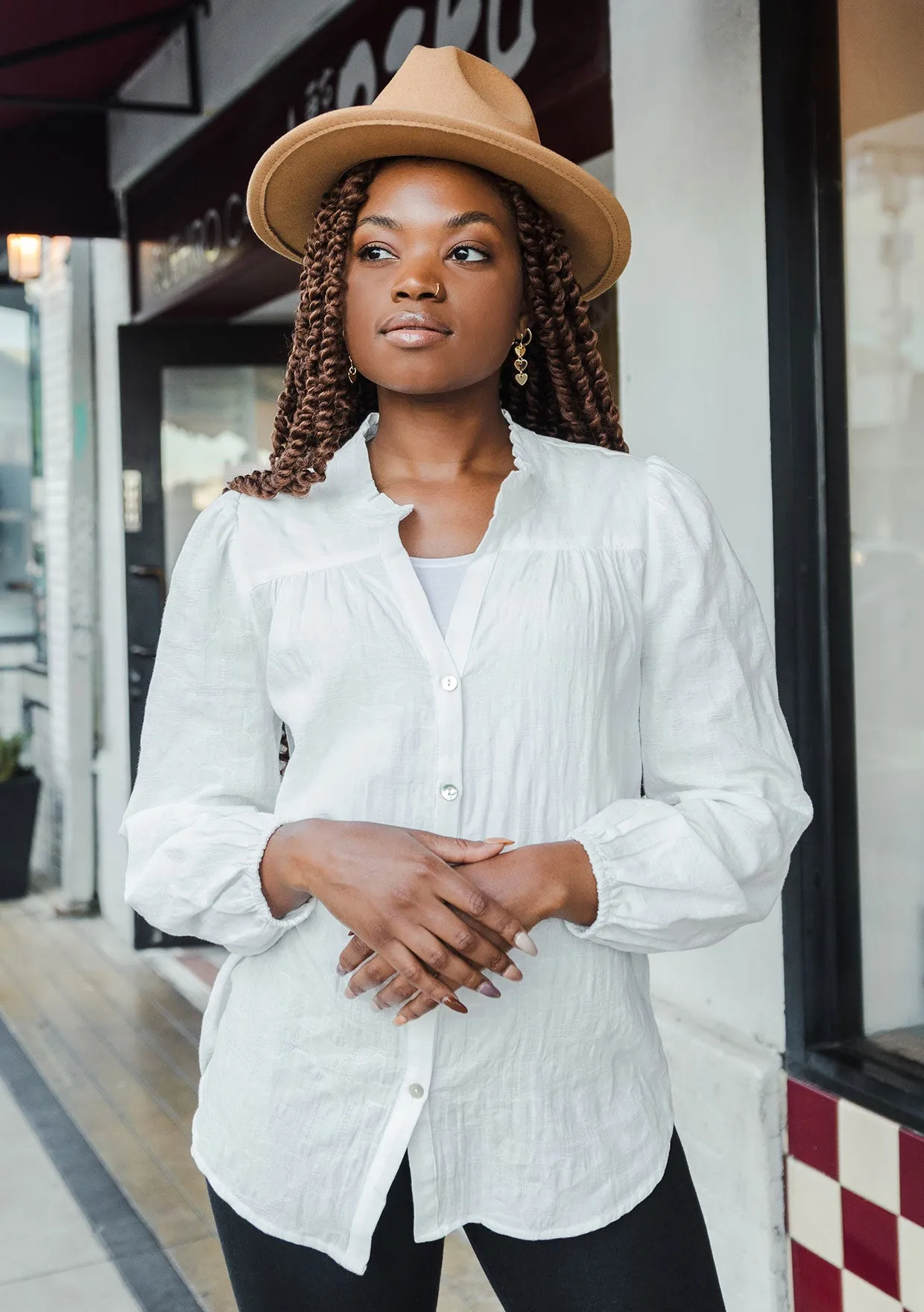 Long Sleeve Ruffle Neck Button Down Blouse