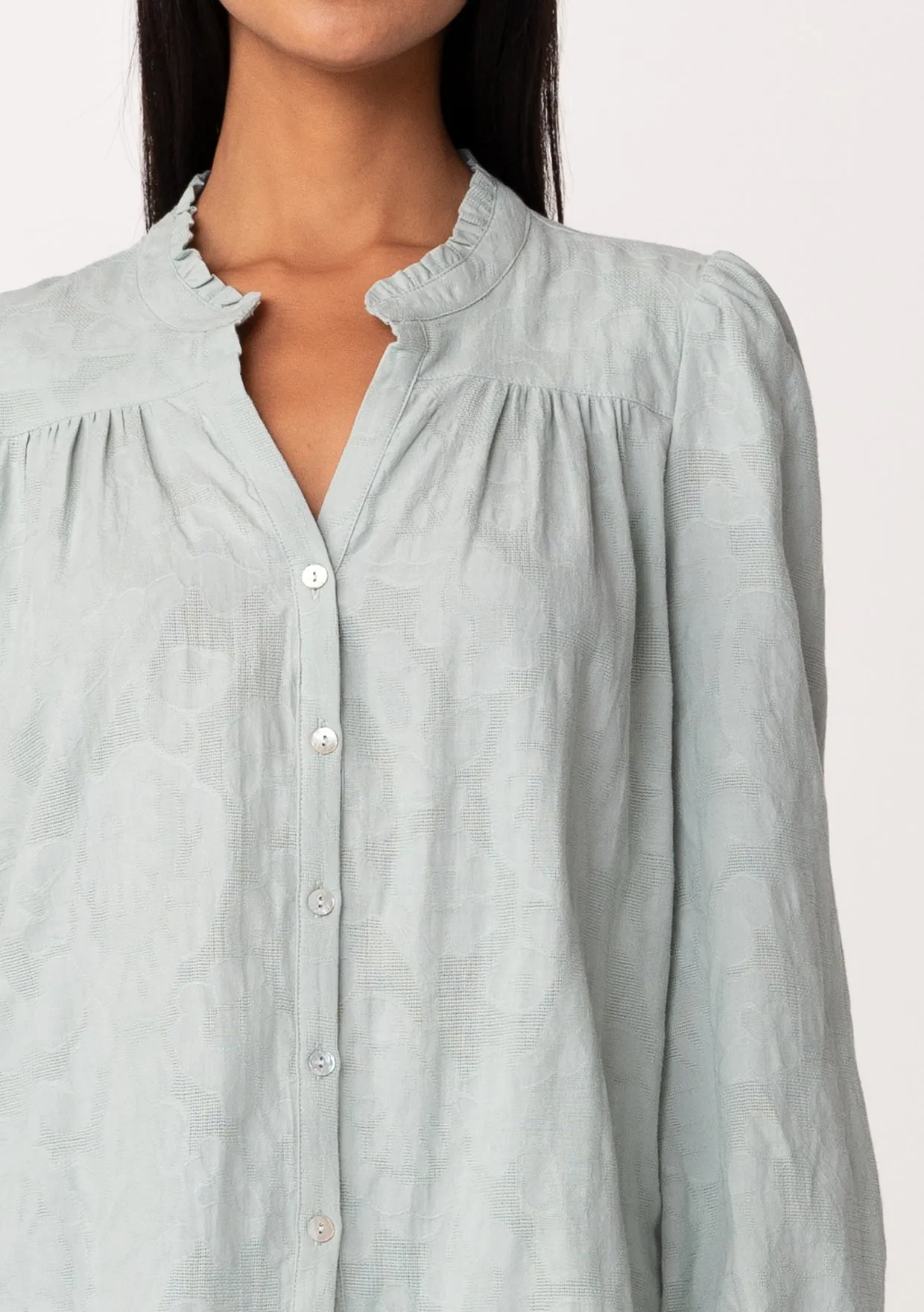 Long Sleeve Ruffle Neck Button Down Blouse