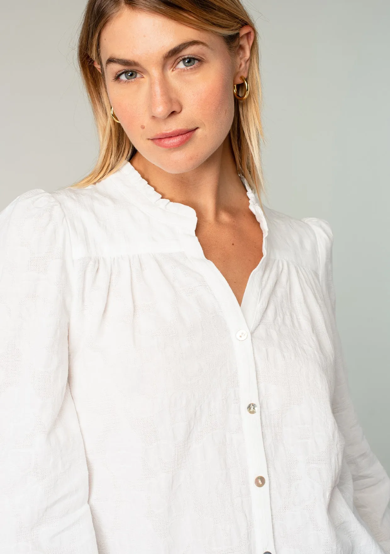 Long Sleeve Ruffle Neck Button Down Blouse