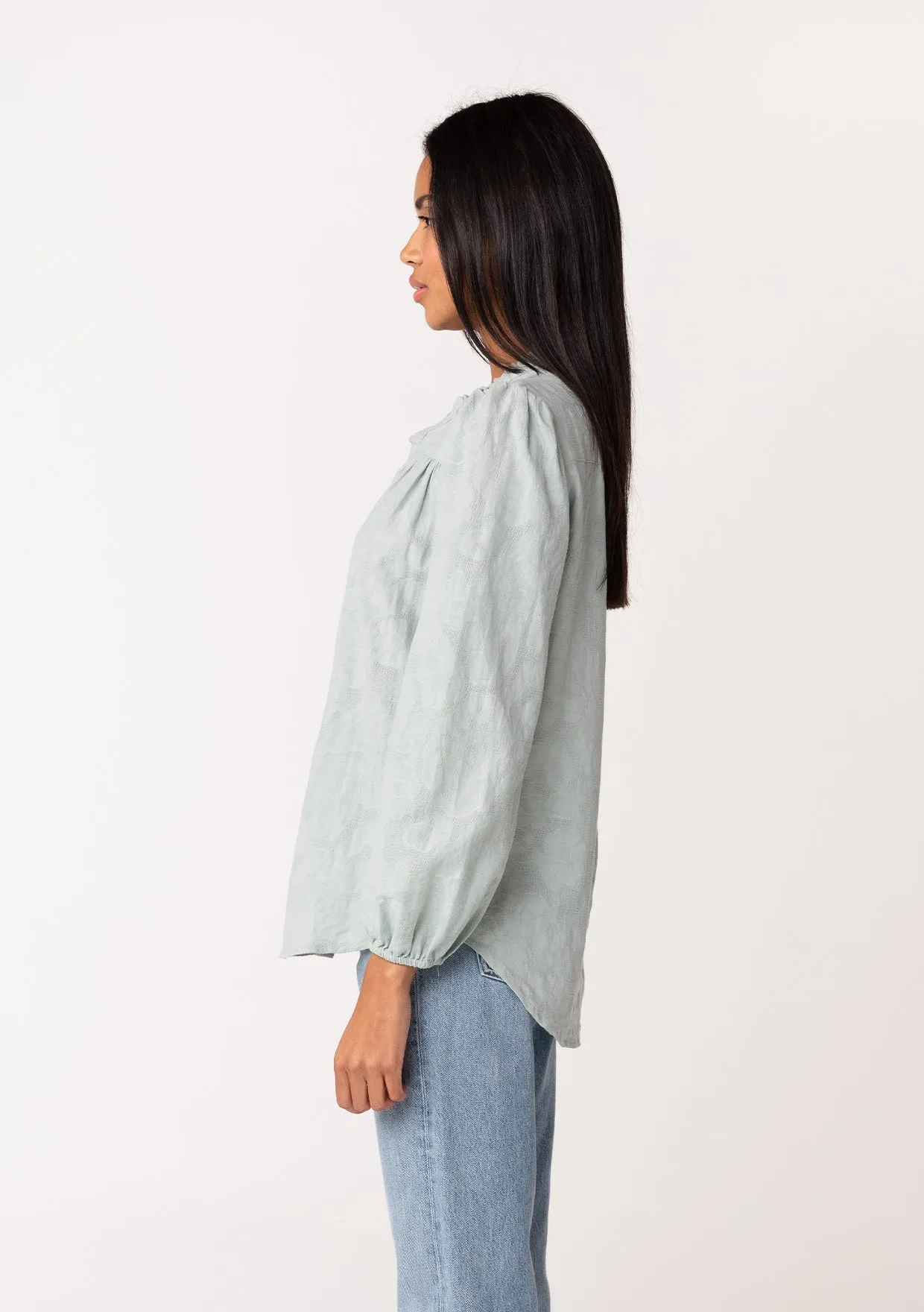 Long Sleeve Ruffle Neck Button Down Blouse